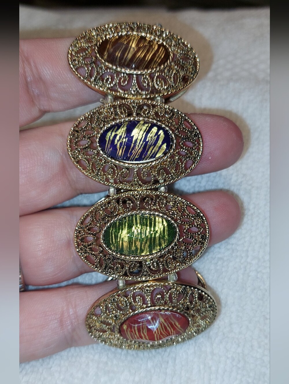 Gold-Tone Multicolor Stone Filigree Stretch Bracelet - Unbranded